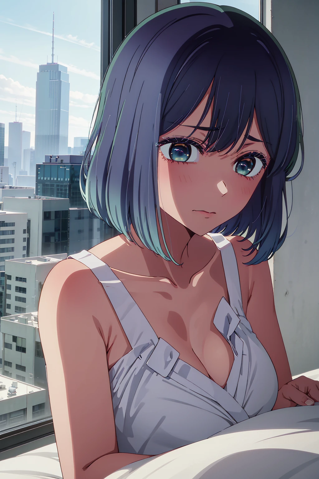 akane kurokawa,naked,rock,Blue Hair,naked,hot,sexy,beautiful,Perfect body,One Girl,big ,masterpiece,Perfect Face,Expressive Face,naked,night、Lying on a bed by the window in a high-rise building,Atmospheric lighting、Sad face