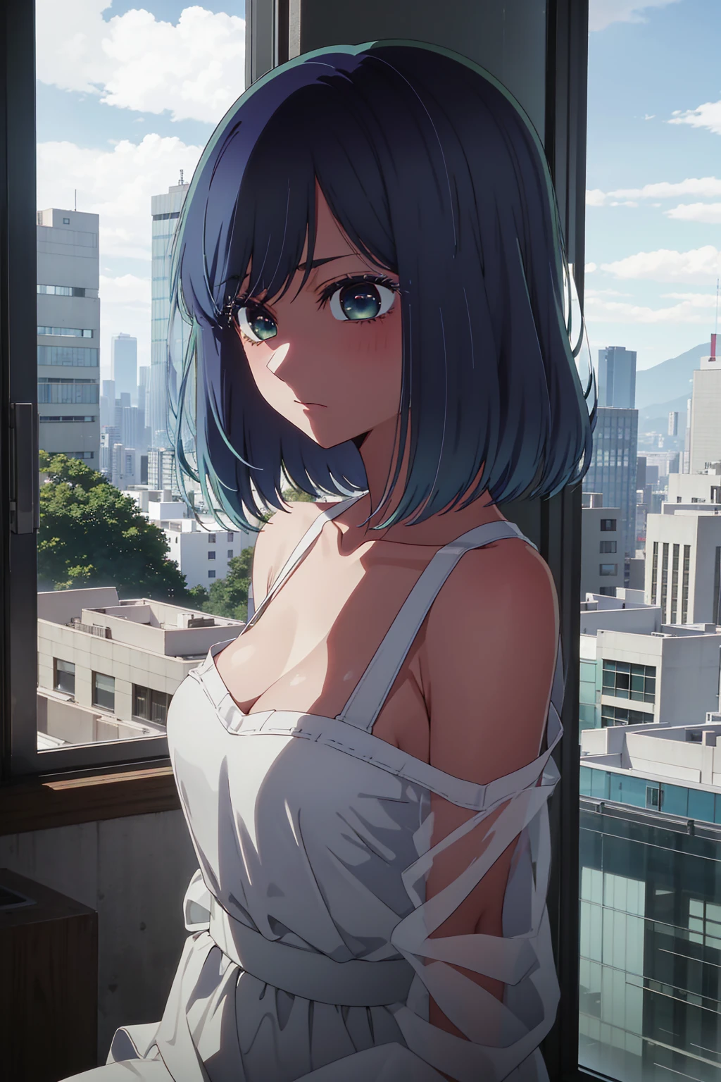 akane kurokawa,naked,rock,Blue Hair,naked,hot,sexy,beautiful,Perfect body,One Girl,big ,masterpiece,Perfect Face,Expressive Face,naked,night、Lying on a bed by the window in a high-rise building,Atmospheric lighting、Sad face