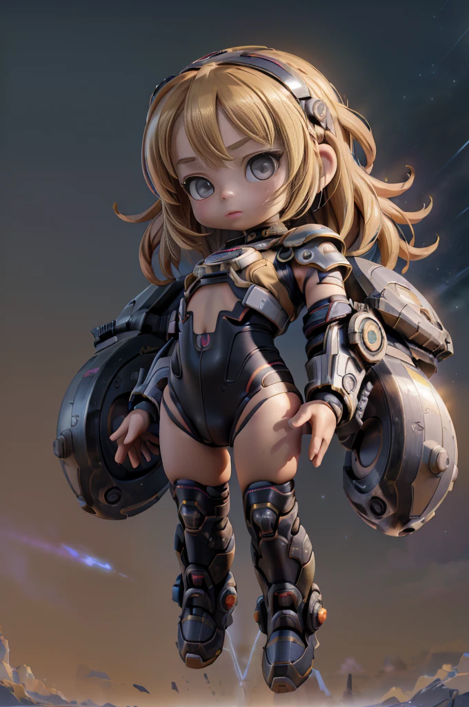 (Top quality, ultra high quality, ultra high definition, realistic masterpiece,) (Carefully created CG illustration: 1.2) One girl, Mecha girl ((Cute short girl))) (Petite, Mini, 10 years old: 1.5) Realistic anime face (Big eyes, big face, beautiful face) ((Spaceship lower body, lots of jet boosters)) (Gigant , armor, huge gauntlets from elbow to elbow, mechanical ring on head, goggles on forehead, huge gun on back) Whole body composition, space war, lots of small flashes ((Many bursts of light in the background)) Effective use of LoRA, cool looking up pose, carefully balanced over a long period of time