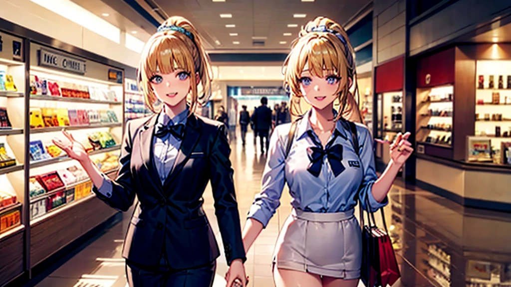 high resolution, top-quality, ultra-quality, The ultra-detailliert, perfect anatomy, perfect fingers, perfect eyes, perfect body, lighting like a movie, lips, 1 girls, a beautiful young girls, (Kei Karuizawa ), blonde hair, ponytail hairstyles, violet eyes, wearing formal, walking in a mall. smirk on face, a bag with magazines, libero, light pink lipstick, happy looking, mall, carrying shopping bags, shopping, perfect hands