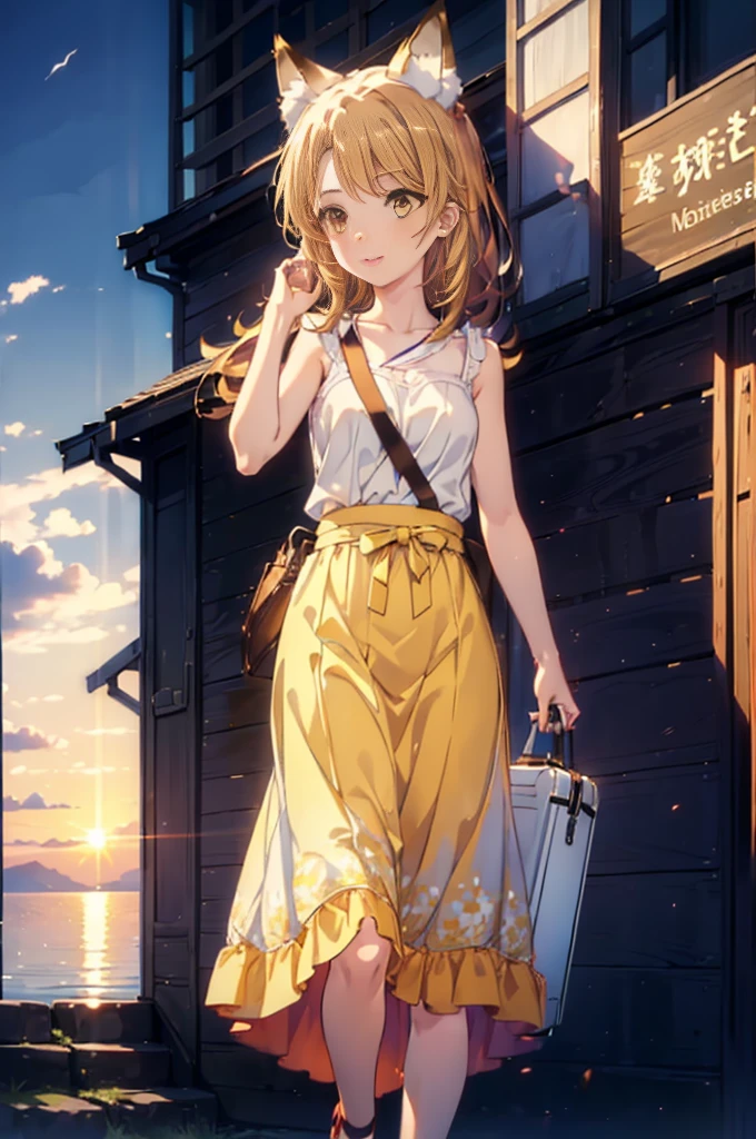 Irohaisshiki, isshiki iroha,Long Hair, Brown Hair, (Brown eyes:1.5), happy smile, smile, Open your mouth,animal(Fox Ears,Fox tail),Yellow sleeveless dress,Yellow long skirt,Cute Sandals,Push-type suitcase,background（Ships at anchor）,port,My hair is blowing in the wind,Holding her hair with her right hand,whole bodyがイラストに入るように,Are standing,morning,morning陽,The sun is rising,
break outdoors, port,Ocean,
break looking at viewer,whole body,
break (masterpiece:1.2), Highest quality, High resolution, unity 8k wallpaper, (shape:0.8), (Beautiful and beautiful eyes:1.6), Highly detailed face, Perfect lighting, Highly detailed CG, (Perfect hands, Perfect Anatomy),