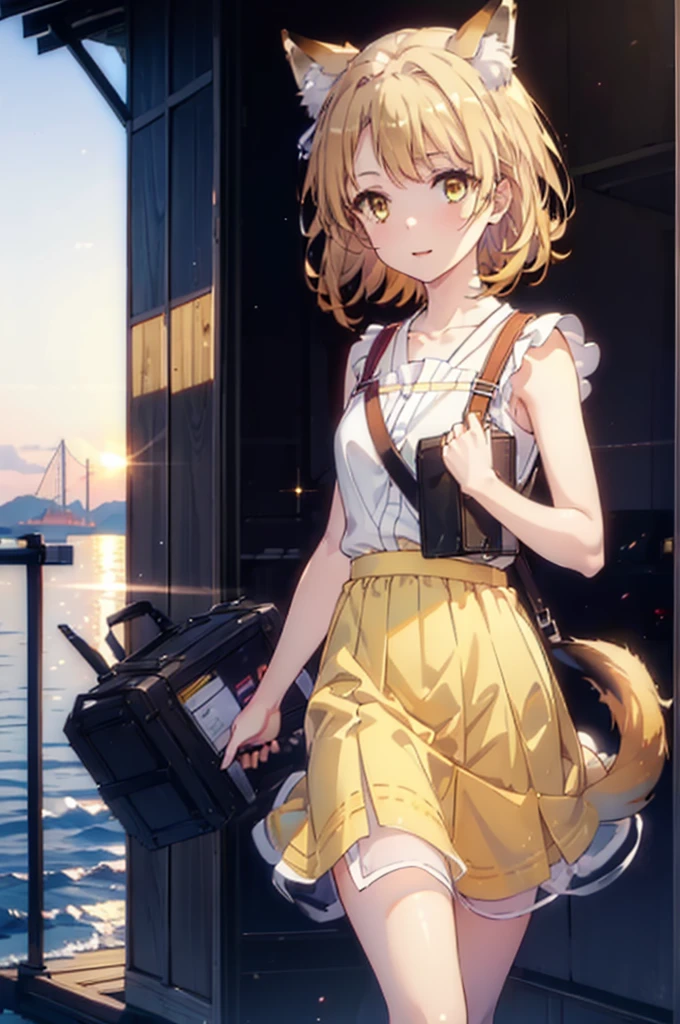 Irohaisshiki, isshiki iroha,Short Hair, Brown Hair, (Brown eyes:1.5), happy smile, smile, Open your mouth,animal(Fox Ears,Fox tail),Yellow sleeveless dress,Yellow long skirt,Cute Sandals,Push-type suitcase,background（Ships at anchor）,port,My hair is blowing in the wind,Holding her hair with her right hand,whole bodyがイラストに入るように,Are standing,morning,morning陽,The sun is rising,Cruise,
break outdoors, port,Ocean,
break looking at viewer,whole body,
break (masterpiece:1.2), Highest quality, High resolution, unity 8k wallpaper, (shape:0.8), (Beautiful and beautiful eyes:1.6), Highly detailed face, Perfect lighting, Highly detailed CG, (Perfect hands, Perfect Anatomy),