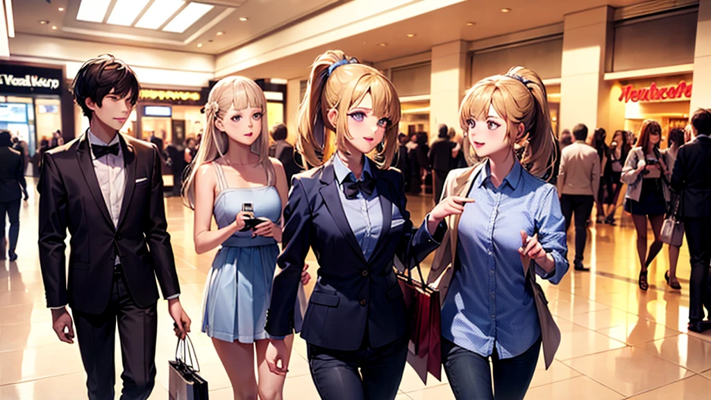 high resolution, top-quality, ultra-quality, The ultra-detailliert, perfect anatomy, perfect fingers, perfect eyes, perfect body, lighting like a movie, lips,( 1 girls), a beautiful young girls, (Kei Karuizawa ), blonde hair, ponytail hairstyles, violet eyes, wearing formal, walking in a mall. smirk on face, a bag with magazines, libero, light pink lipstick, happy looking, mall, carrying shopping bags, shopping, perfect hands