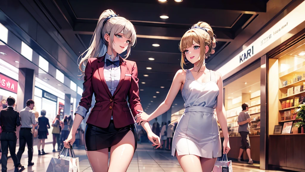 high resolution, top-quality, ultra-quality, The ultra-detailliert, perfect anatomy, perfect fingers, perfect eyes, perfect body, lighting like a movie, lips,( 1 girls), a beautiful young girls, (Kei Karuizawa ), blonde hair, ponytail hairstyles, violet eyes, wearing formal, walking in a mall. smirk on face, a bag with magazines, libero, light pink lipstick, happy looking, mall, carrying shopping bags, shopping, perfect hands