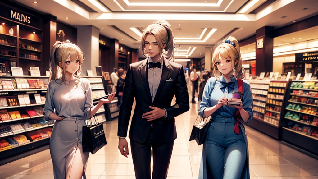 high resolution, top-quality, ultra-quality, The ultra-detailliert, perfect anatomy, perfect fingers, perfect eyes, perfect body, lighting like a movie, lips,( 1 girls), a beautiful young girls, (Kei Karuizawa ), blonde hair, ponytail hairstyles, violet eyes, wearing formal, walking in a mall. smirk on face, a bag with magazines, libero, light pink lipstick, happy looking, mall, carrying shopping bags, shopping, perfect hands