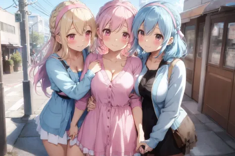 modern city,fluffy hair,light blue hair,blonde,light pink hair,headband,braid,autumn outfit,short clothing that shows the buttoc...