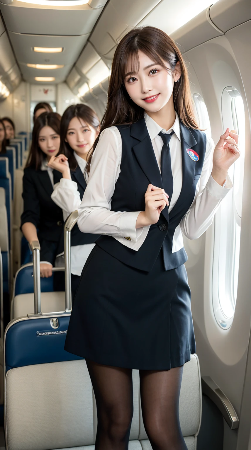 ​highest quality、table top、8k、best image quality、Award-winning work)、one beautiful woman、radiant beautiful skin , masterpiece、top-quality、The ultra -The high-definition、depth of fields、lens flare 1 girl、、brown hair, watching at viewers glares, large breasts , stewardess uniform, ( stewardess blazer:1.3),  shirt, short  skirt, (black high heels), perfect legs, model pose, view from below, smiling , flight cabin, pantyhose 
