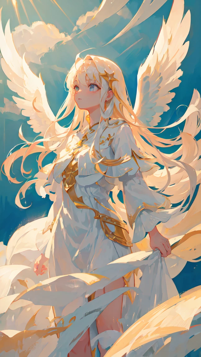 a beautiful angel with flowing white dress, wings spread, hand on hip, side view, (best quality,4k,8k,highres,masterpiece:1.2),ultra-detailed,(realistic,photorealistic,photo-realistic:1.37),HDR,UHD,studio lighting,extremely detailed face and eyes,delicate facial features,long eyelashes,smooth skin,intricate dress folds,glowing skin,angelic expression,sunlight streaming through clouds,simple background