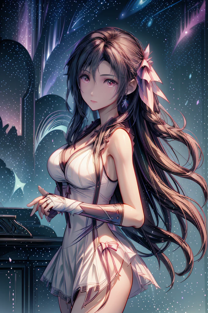 (8K HDR photorealistic pic), Tifa Lockhart, muscular, athletic, cheerful, toned body, (massive breasts), hourglass figure, fighter, long dark hair tied with ribbon at the end, ((Aerith costume, white dress, pink jacket)), realistic, seductive, red eyes, soft shadows, (masterpiece), Starry Sky with Mountains and Lake, Inspired by Jessica Rossier, Jessica Rossier Fantasy Art, Concept Art Magic Highlights, Official Artwork, Dream Painting, Ethereal Realm, Atmospheric artwork, dreamy matte paintings, serene endless stars inspired by Ted Nasmith, moonlit starry environments, epic music album covers.