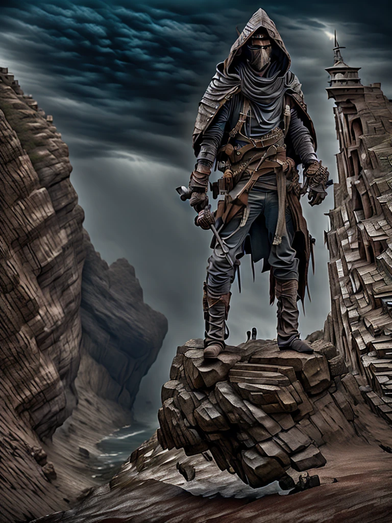 Young elf guy, shoulder-length white long hair, red eyes, clothes of a medieval tramp, robber outfit, hood, full-length, against the backdrop of a rocky coast, storm and rain, gloomy atmosphere, high quality, anime