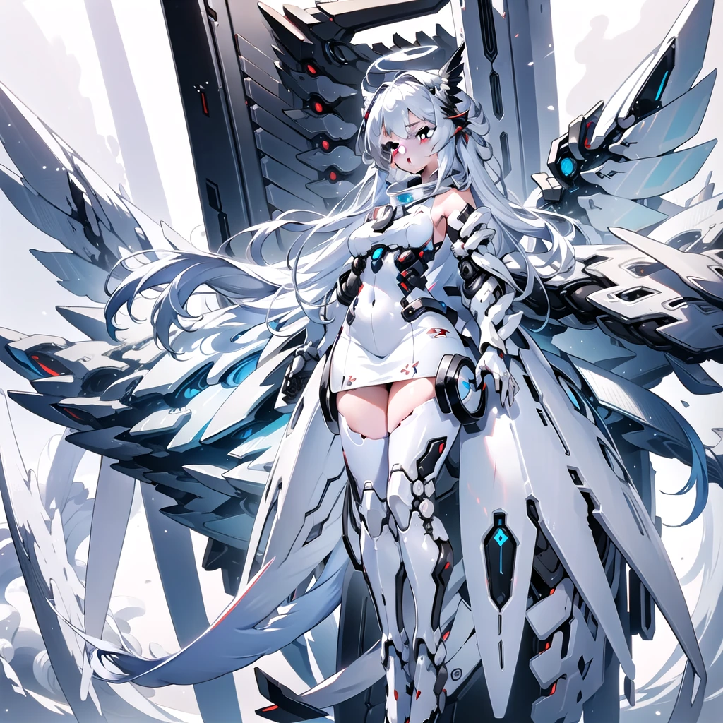 masterpiece, highest quality, highest resolution, clear_image, detailed details, White hair, long hair, cat ears, 1 girl, red eyes, sci-fi dress, white scarf (white scarf around the neck with a light blue glow), gray futuristic halo (gray halo over the head), white wings (6 wings), cute, full body, no water marks, snow, normal ears. white dragon