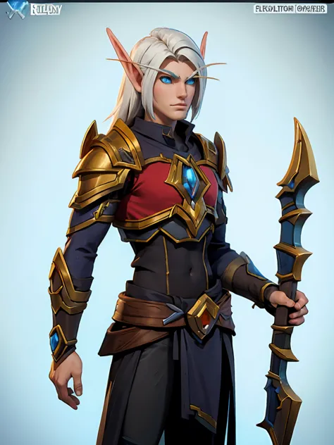 World of Warcraft Bloodelf male, perfects eyes, perfectbody, brawny, Strong, agile elf wears elven armor and holds a longbow.