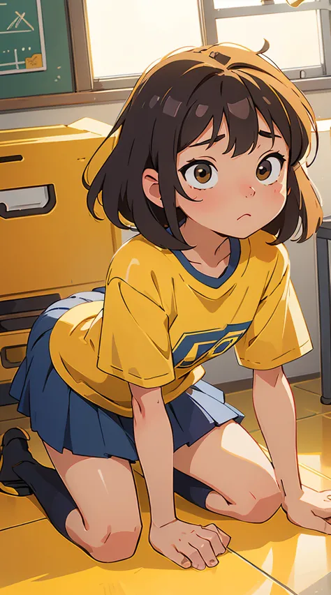 Browsing Caution , Elementary school girl，Kneeling 12-year-old girl， Oversized yellow t-shirt，Looking into the camera