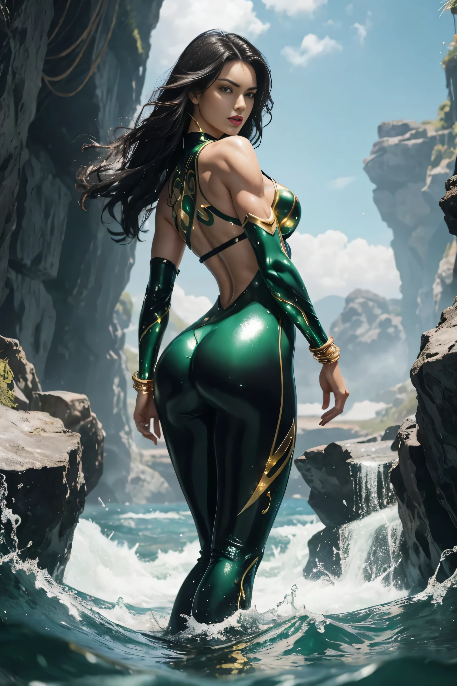 Full body shot seen from behind Sexy 14 years old, superheroine Aquagirl long shaggy wet black hair falling on her long black shoulders, glowing green, eyes red lips muscular body large breast wears a transparent decorated with green scales shiny elastic body-fitting wetsuit, plunging sleeveless top gold shoulder pads gold bracelets revealing abs midriff a Z symbol on her chest portrait photography by artgerm, in the style of realism, glistening skin, cartooncore, mangacore, natural lighting, Defined full lips. Muscular fitness feminine body standing in the water in the background is a huge terrifying water monster