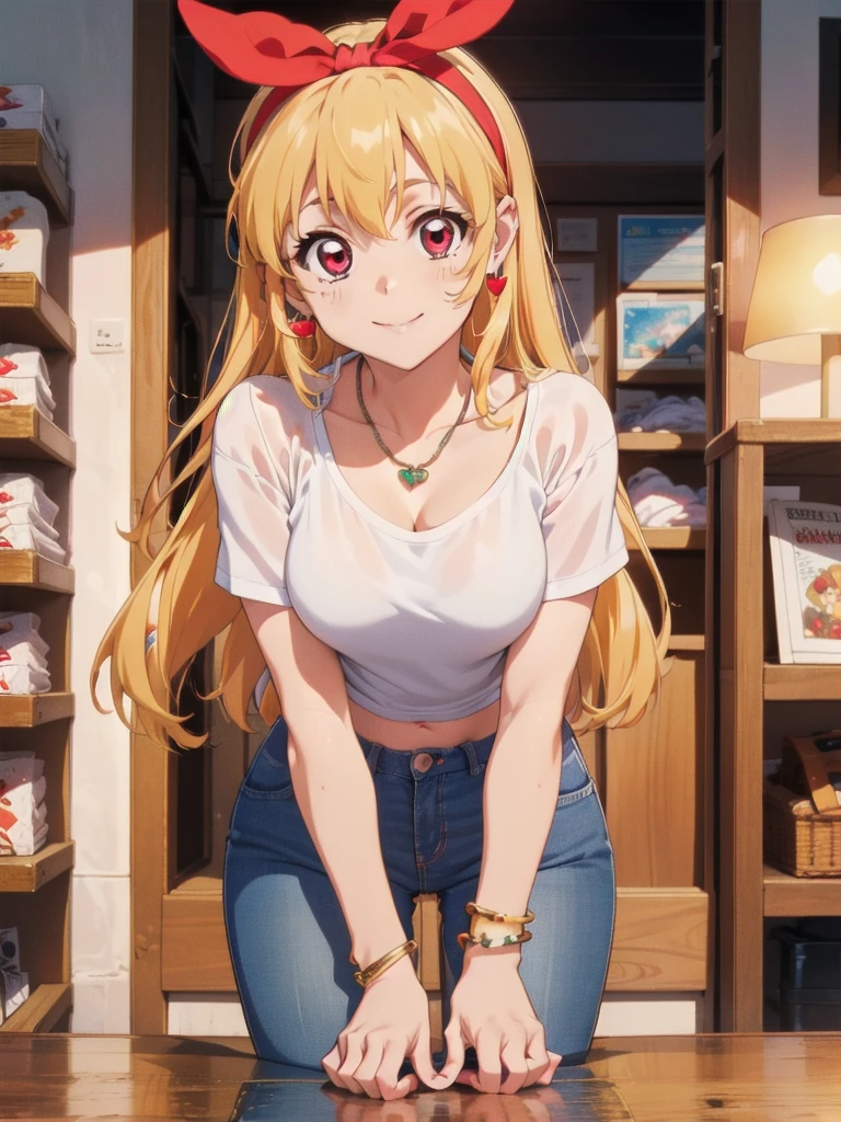 , ((beautiful)), ((masterpiece)), ((best quality)), (extremely detailed face), perfect lighting, highres, 8k, wallpaper, backlit, (absurdres), (ultra detailed, 8K, ultra highres:1.2), BREAK,(RED Ribbon on HAIRband:1.2),Blonde HAIR,smile,navel,groin,denim shorts,loose clothes,shirt pull:1.4,shorts pull:1.4,A fashionable female ,dressed in a casual yet stylish outfit,browsed the racks of clothes at the department store. She hummed a tune to herself as she examined the various accessories and small items on display. Her outfit consisted of a pair of ripped denim shorts paired with a loose, camisole and a pair of sneakers. She accessorized with a small, silver bracelet on her wrist. As she shopped, the girl couldn't help but be drawn to the various colorful and glittering items in the store. She picked up a pair of cute, heart-shaped earrings and a matching necklace,admiring them in the bright, fluorescent lighting,Ichigo Hoshimiya (Aikatsu!),from below,squatting,groin_focus,