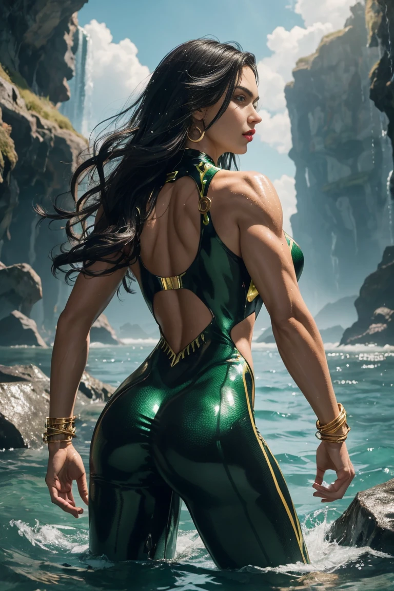 Full body shot seen from behind Sexy 14 years old, superhero Aquaman long shaggy wet black hair falling on her long black shoulders, glowing green, eyes red lips muscular body wears a transparent decorated with green scales shiny elastic body-fitting wetsuit, plunging sleeveless top gold shoulder pads gold bracelets revealing abs midriff a Z symbol on her chest portrait photography by artgerm, in the style of realism, glistening skin, cartooncore, mangacore, natural lighting, Defined full lips. Muscular fitness feminine body standing in the water in the background is a huge terrifying water monster