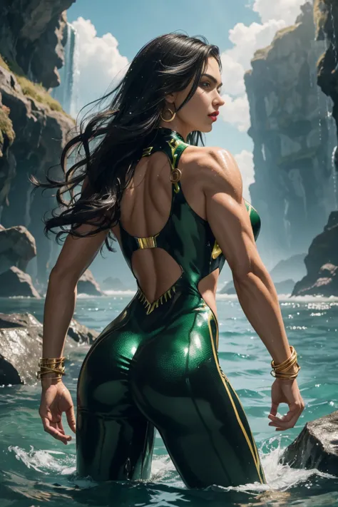 Full body shot seen from behind Sexy 14 years old, superhero Aquaman long shaggy wet black hair falling on her long black should...