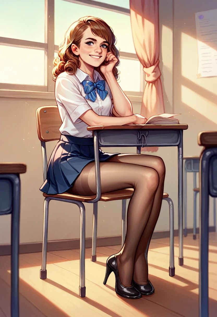 Smiling sexy Emma Watson,  very puffy curly red hair,  head bow, very tiny miniskirt,  FULL DETAILED LONG BROWN  TRANSPARENT PANTYHOSE, sitting,  high heels,  sun shiny day, classroom 