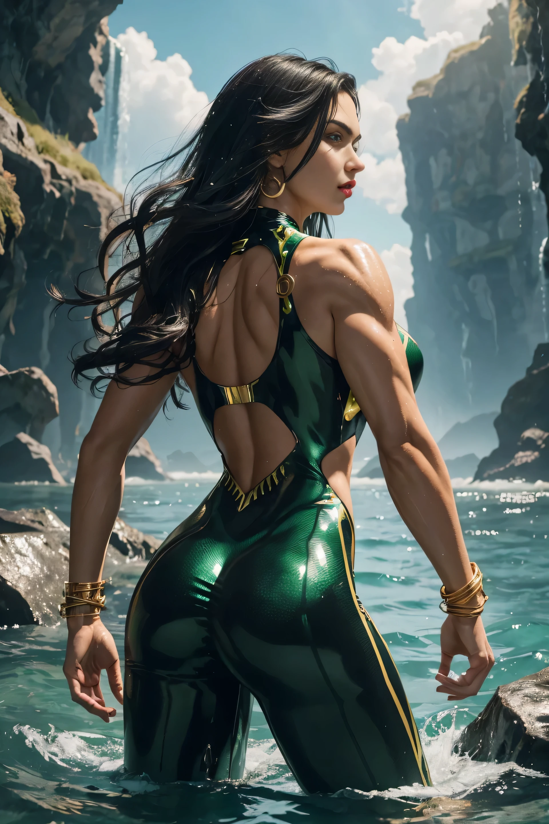 Full body shot seen from behind Sexy 14 years old, superhero Aquaman long shaggy wet black hair falling on her long black shoulders, glowing green, eyes red lips muscular body wears a transparent decorated with green scales shiny elastic body-fitting wetsuit, plunging sleeveless top gold shoulder pads gold bracelets revealing abs midriff a Z symbol on her chest portrait photography by artgerm, in the style of realism, glistening skin, cartooncore, mangacore, natural lighting, Defined full lips. Muscular fitness feminine body standing in the water in the background is a huge terrifying water monster