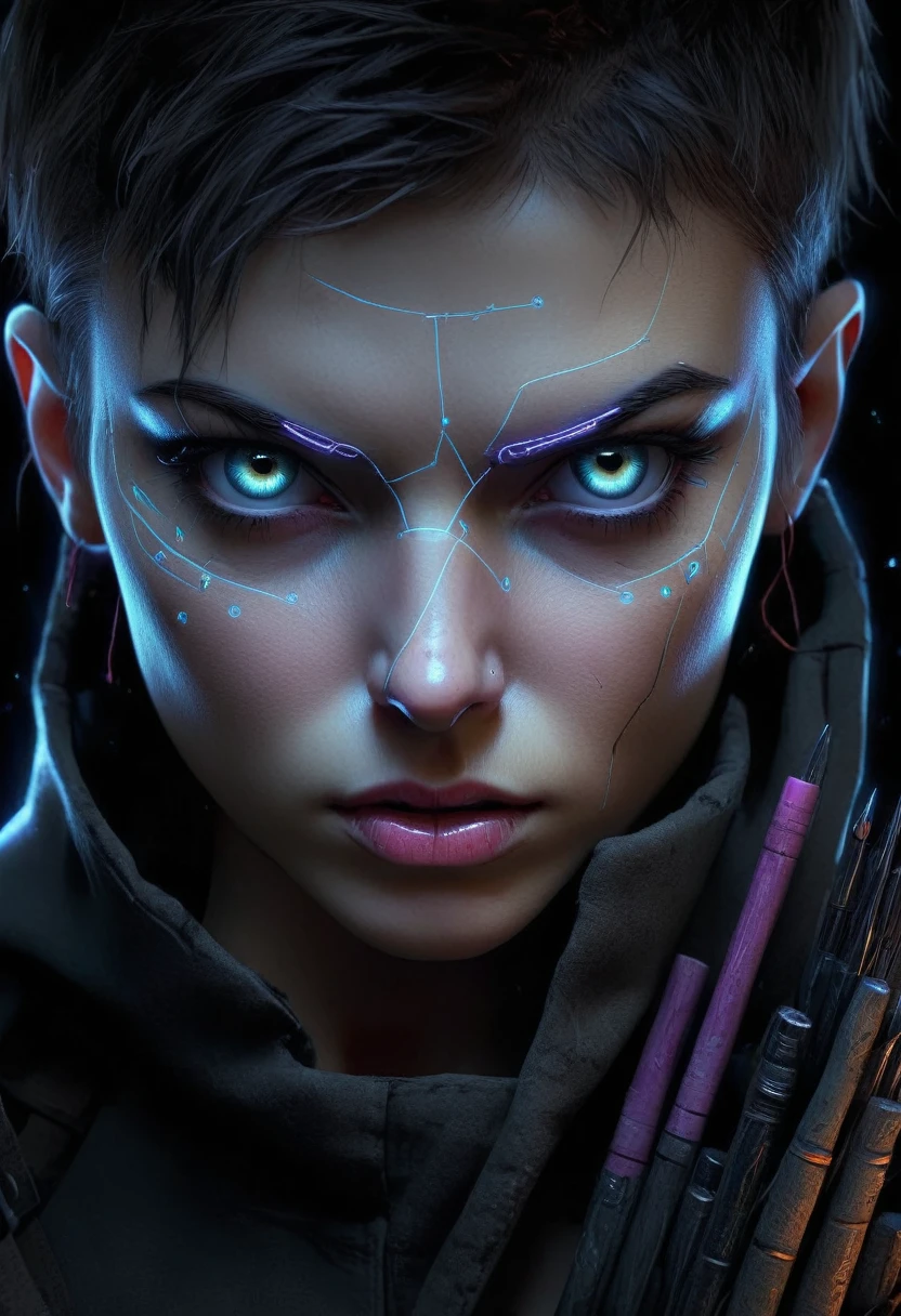 a minimalist scattershot archer, detailed facial features, beautiful detailed eyes, beautiful detailed lips, extremely detailed eyes and face, longeyelashes, in the style of simon ard, in the style of takis, setting: at the digital metropolis within the cybernetic frontier, anticipating horror, best quality,4k,8k,highres,masterpiece:1.2,ultra-detailed,realistic,photorealistic,photo-realistic:1.37,HDR,UHD,studio lighting,ultra-fine painting,sharp focus,physically-based rendering,extreme detail description,professional,vivid colors,bokeh,cinematic lighting,dramatic lighting,dark moody lighting,dramatic atmosphere,dark and gritty,dark and dystopian,dark fantasy,cyberpunk,science fiction,digital art