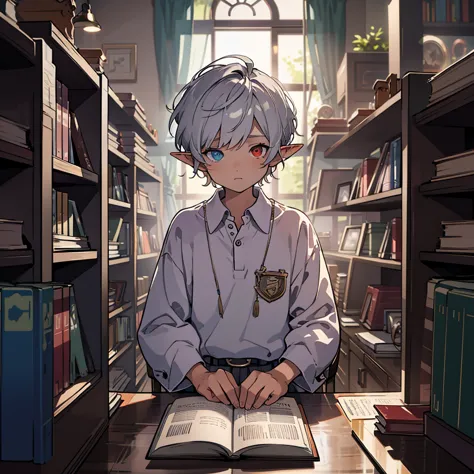 Cool male elf with blue and blue-purple heterochromia, Silver straight hair, Wearing a white collared shirt, Wearing slacks, sit...