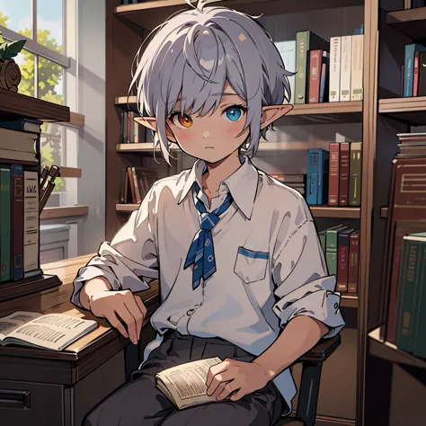 Cool male elf with blue and blue-purple heterochromia, Silver straight hair, Wearing a white collared shirt, Wearing slacks, sit...