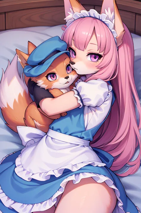 ((best quality)), ((​masterpiece)), (Detailed) wolf girl and fox girl, baby blue maid dress and pink maid dresss, cuddle