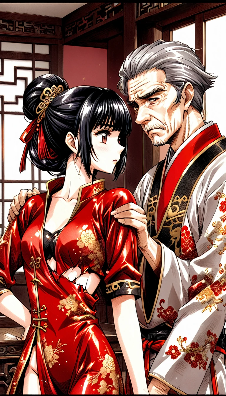 A tragic historical drama in 8k live-action style: Beautiful palace secrets　Beautiful Chinese Kung Fu girl with long black hair has her clothes ripped off by an old man　Gorgeous embroidery, Ultra glossy, She is wearing a shiny red top and bottom long sleeve floral pajama kung fu suit....　　