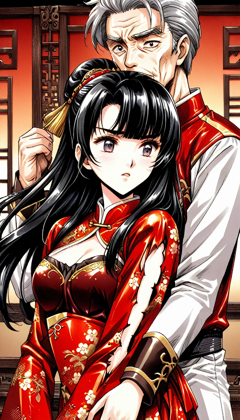 A tragic historical drama in 8k live-action style: Beautiful palace secrets　Beautiful Chinese Kung Fu girl with long black hair has her clothes ripped off by an old man　Gorgeous embroidery, Ultra glossy, She is wearing a shiny red top and bottom long sleeve floral pajama kung fu suit....　　