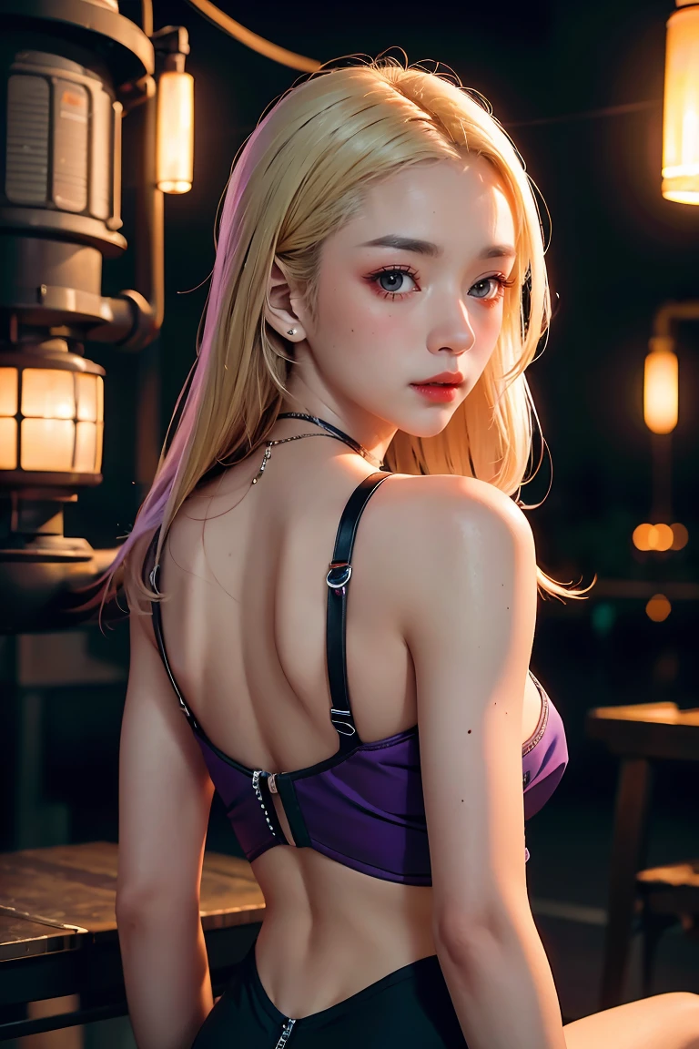 Highest quality, Masterpiece, Ultra high resolution, (realistic: 1.4), raw photos, 1 woman, blonde hair, shiny skin, 1 mechanical girl, (Extraordinarily realistic details)), Portrait, world class illumination, shadow, Octane rendering, 8ก, extra sharp, big, Cleavage reveals raw skin., metal, Intricate decorative details, Details of Korea, Very complicated details, realistic light, CGSoation trend, purple eyes, glowing eyes, Facing the camera, neon details, mechanical limbs, blood vessels connected to pipes, Mechanical spine attached to the back, Mechanical cervical attachment to the neck, sit, Wires and cables connect to the head., Gundam, small LED light bulb, Pet viewers