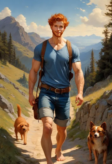 1 man walking on a mountain rural pathway  wearing lumberjack shirt, blue jeans, brown bots, blue indigo back bag, blue cap, smi...