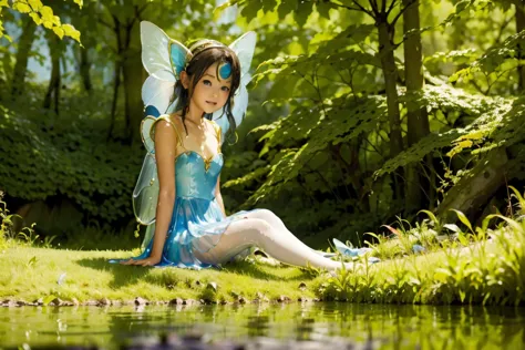 a fairy sitting neaby the lake, slime