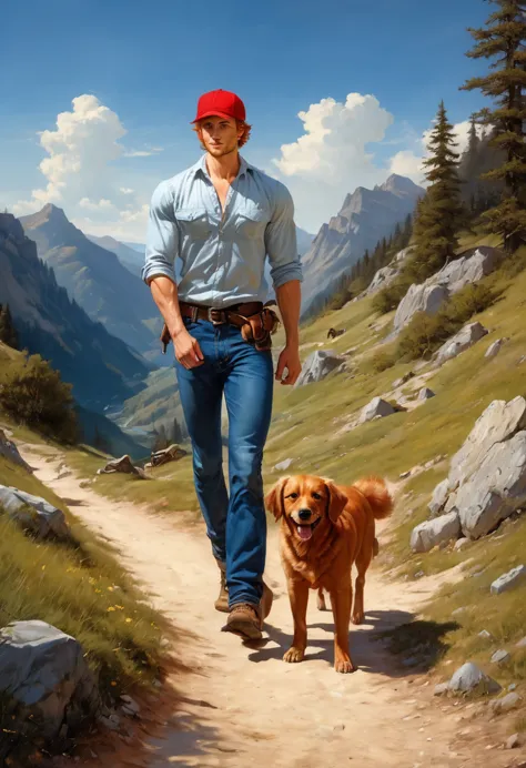 1 man walking on a mountain rural pathway  wearing lumberjack shirt, blue jeans, brown bots, blue indigo back bag, blue cap, smi...