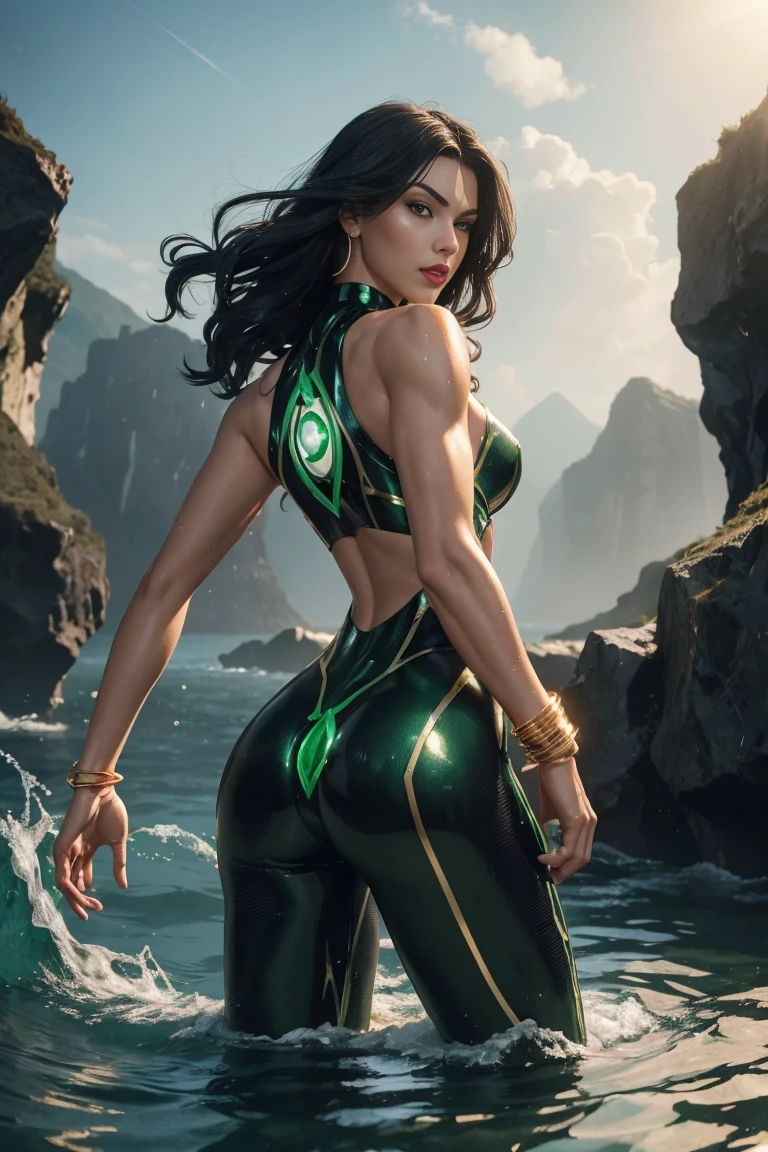 Full body shot seen from behind Sexy 14 years old, superheroine Green Lantern long shaggy wet black hair falling on her long black shoulders, glowing green, eyes red lips muscular large breast, body wears a transparent decorated with green scales shiny elastic body-fitting wetsuit, plunging sleeveless top gold shoulder pads gold bracelets revealing abs midriff a Z symbol on her chest portrait photography by artgerm, in the style of realism, glistening skin, cartooncore, mangacore, natural lighting, Defined full lips. Muscular fitness feminine body standing in the water in the background is a huge terrifying water monster