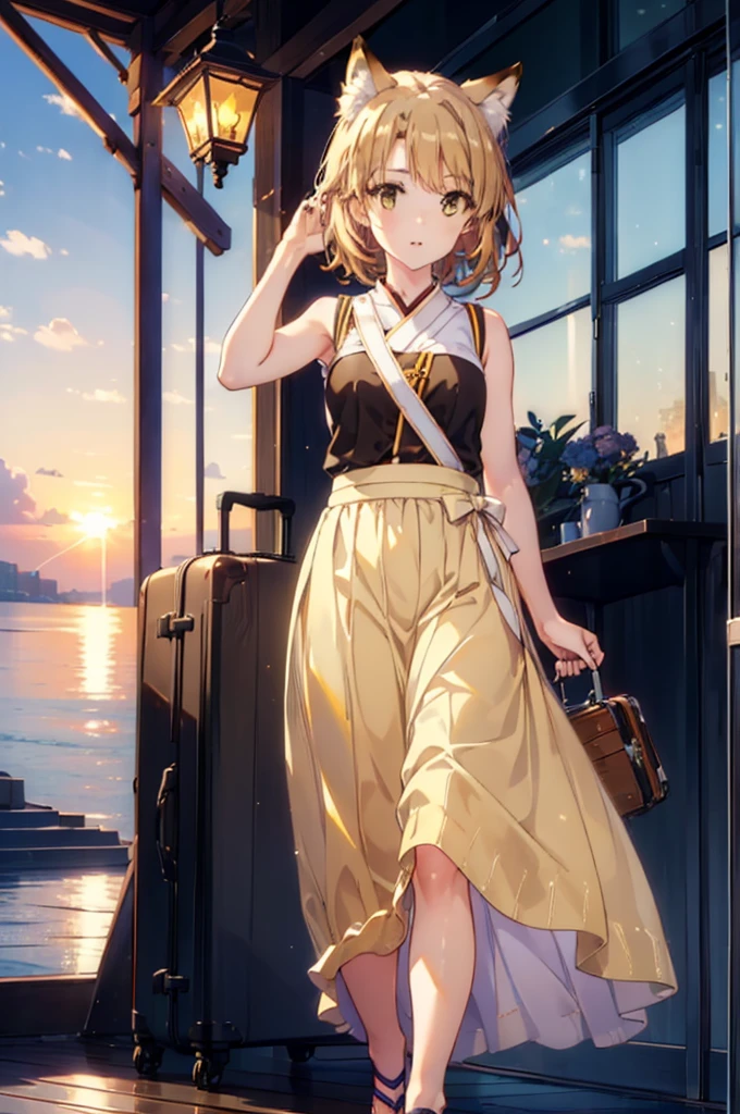 Irohaisshiki, isshiki iroha,Short Hair, Brown Hair, (Brown eyes:1.5), happy smile, smile, Open your mouth,animal(Fox Ears,Fox tail),Yellow sleeveless dress,Yellow long skirt,Cute Sandals,Push-type suitcase,background（Ships at anchor）,port,My hair is blowing in the wind,Holding her hair with her right hand,whole bodyがイラストに入るように,Are standing,morning,morning陽,The sun is rising,Cruise,
break outdoors, port,Ocean,
break looking at viewer,whole body,
break (masterpiece:1.2), Highest quality, High resolution, unity 8k wallpaper, (shape:0.8), (Beautiful and beautiful eyes:1.6), Highly detailed face, Perfect lighting, Highly detailed CG, (Perfect hands, Perfect Anatomy),