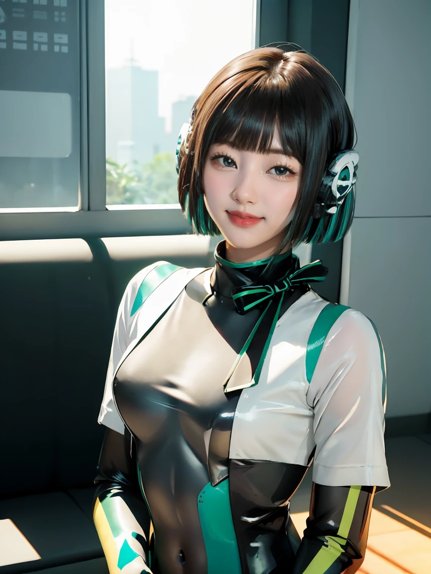 (extremely detailed CG), (best quality), 1girl,solo perfect face,  shiny skin, lustrous skin, wide hips, narrow waist, kamen rider zero-two, ZeroTwo, rider belt, green armor, bodysuit, green armor,gloves, black bodysuit, red gloves  HeroineIzu ,,aqua eyes, green hair,multicolored hair,humagear_headphones,black hair, bangs, short hair, ,indoors,own hands together, smile,