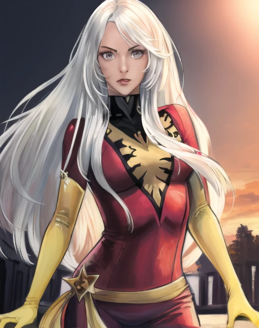 beautiful, (masterpiece:1.2), (best quality:1.2), vibrant, perfect face, 1girl, Edelgardacademy, red bodysuit, yellow elbow gloves, white hair