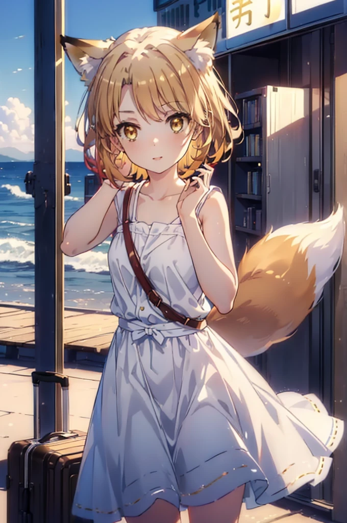 Irohaisshiki, isshiki iroha,Short Hair, Brown Hair, (Brown eyes:1.5), happy smile, smile, Open your mouth,animal(Fox Ears,Fox tail),Yellow sleeveless dress,Yellow long skirt,Cute Sandals,Push-type suitcase,background（Ships at anchor）,port,My hair is blowing in the wind,Holding her hair with her right hand,whole bodyがイラストに入るように,Are standing,morning,morning陽,The sun is rising,Cruise,
break outdoors, port,Ocean,
break looking at viewer,whole body,
break (masterpiece:1.2), Highest quality, High resolution, unity 8k wallpaper, (shape:0.8), (Beautiful and beautiful eyes:1.6), Highly detailed face, Perfect lighting, Highly detailed CG, (Perfect hands, Perfect Anatomy),