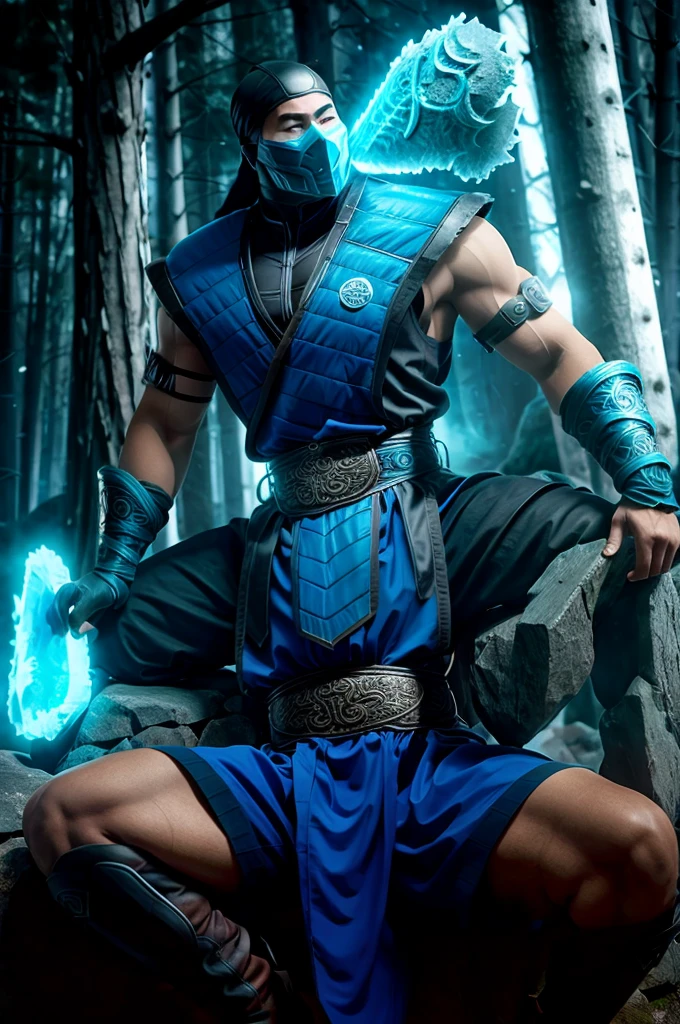 Sub-ZeroKuaiLiang ,zbzr, masterpiece, best cinematic quality, photorealistic highly detailed 8k raw photo, volumetric lighting, volumetric shadows, man, sitting on a big mountain, gloves, blue armor, A dilapidated, haunted house with creaking floors and whispers in the wind, helmet, mask, holding a sword, extreme close-up