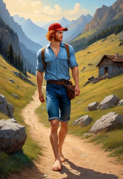 1 man walking on a mountain rural pathway  wearing lumberjack shirt, blue jeans, brown bots, blue indigo back bag, blue cap, smi...