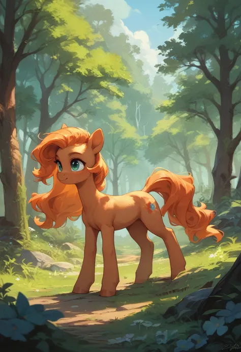 character: orange pony; background: magical forest