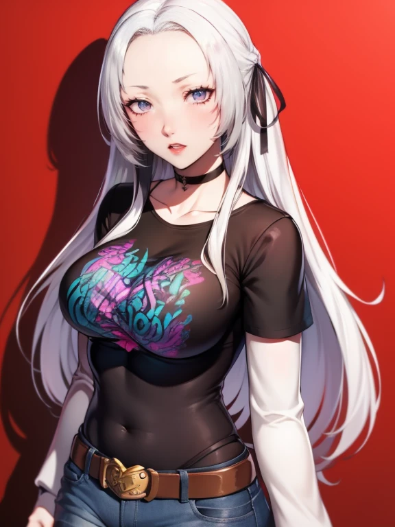 edelgard_academy, hair ribbon, long hair, brown hair, purple eyes, glossy lips , 1girl, solo, black t-shirt, white shirt, jeans, belt, lipstick, large breasts
