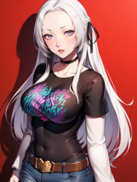 edelgard_academy, hair ribbon, long hair, brown hair, purple eyes, glossy lips , 1girl, solo, black t-shirt, white shirt, jeans,...