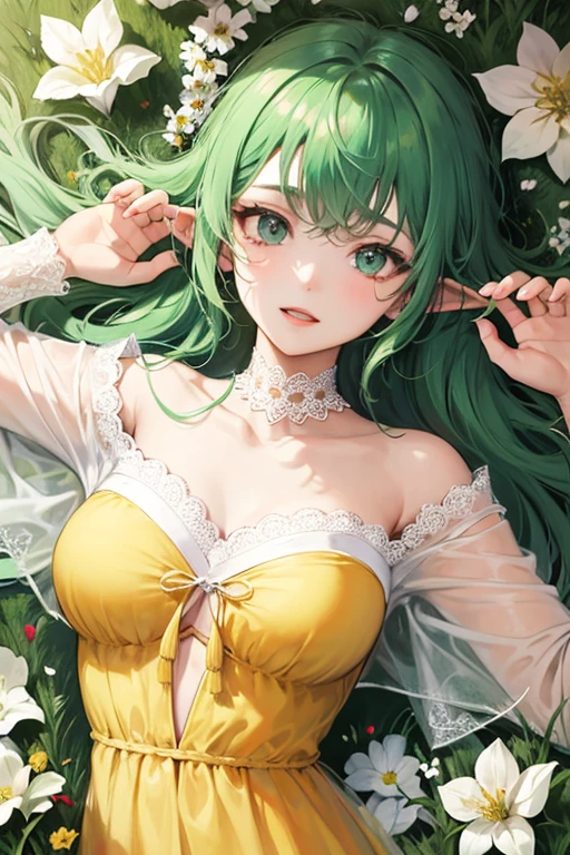 ((melhor qualidade)), ((obra de arte)), (detalhado), Rosto Perfeito, duende, jovem, Garota, cabelo verde, cabelo longo, vestido amarelo, Flores, white Flores, feliz, ensolarado, grama verde, grama, gargantilha de renda branca, romântico, pés descalços,pele brilhante,cabelo brilhante,luz de fundo,corpo glamoroso,