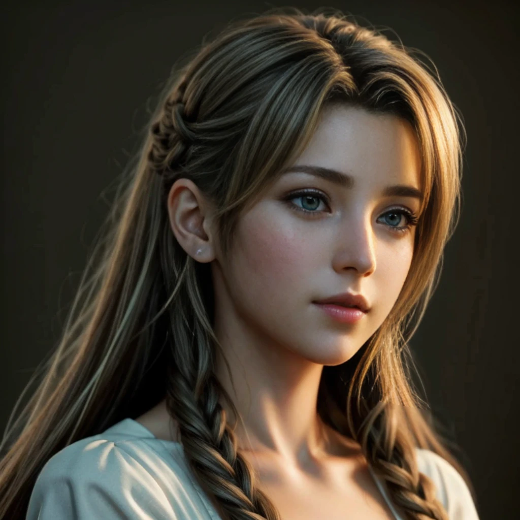 Aerith, green eyes, (best quality, ultra-detailed), (realistic:1.37), beautiful and detailed face, ultra-realistic texture, delicate face, delicate body, red lipstick, bright colors. High definition, 8K.