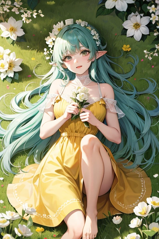 ((melhor qualidade)), ((obra de arte)), (detalhado), Rosto Perfeito, duende, jovem, Garota, cabelo verde, cabelo longo, vestido amarelo, Flores, white Flores, feliz, ensolarado, grama verde, grama, gargantilha de renda branca, romântico, pés descalços,pele brilhante,cabelo brilhante,luz de fundo,corpo glamoroso,