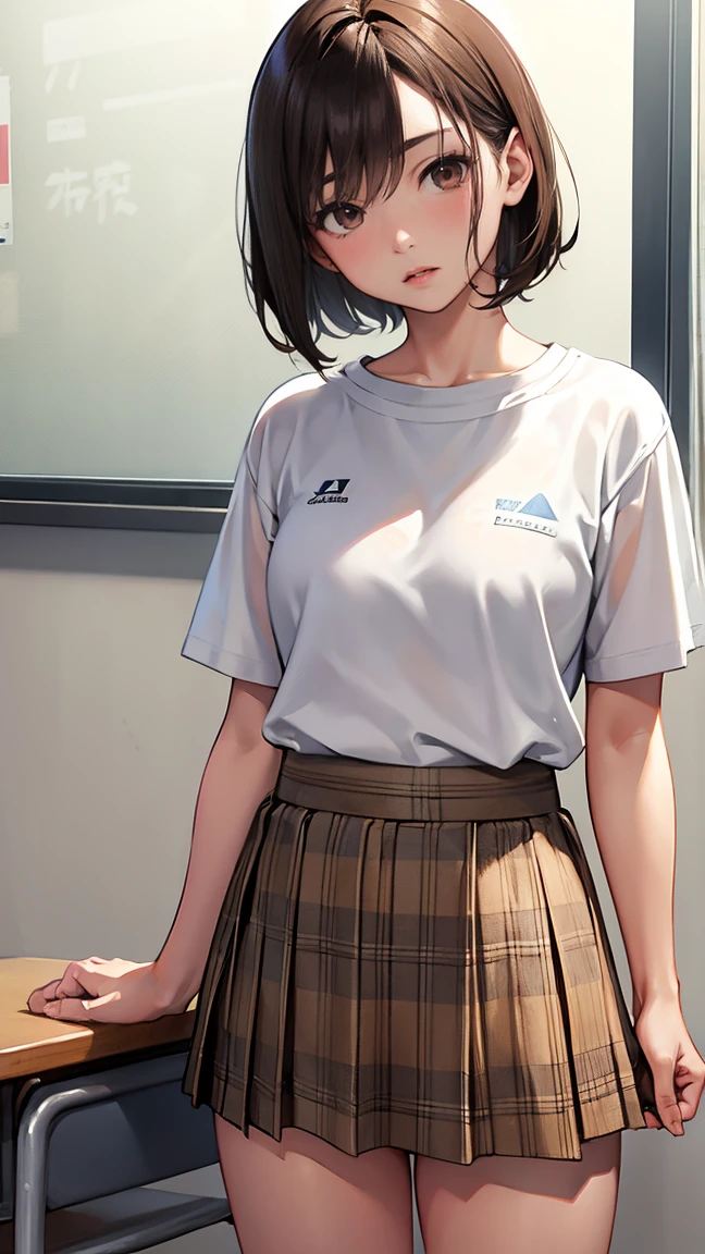 (1 female), short bob hair, 18 years old, Japanese, brown eyes, brown hair, slim, (flat chest), high school girl, classroom, plain see-through T-shirt: 1.5, (mint green bra: 0.6), light plaid skirt, bra visible under clothes, T-shirt visible under skirt