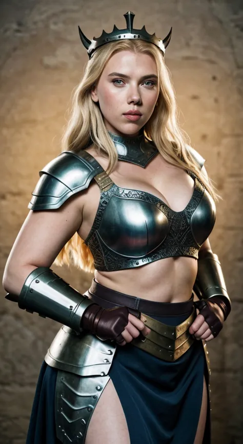 Scarlett Johansson 
 photograph of a   25  years oldWoman,  viking warrior queen with dirt in his face, heavy figure, Full figur...