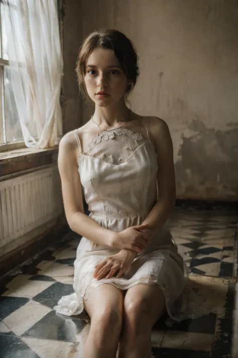 Oil painting by Nick Alm, a beautiful young woman, full body, is standing ((woman looks at camera)) standing, long white dress, ...