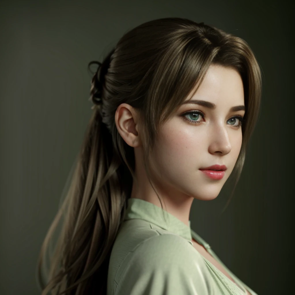 Aerith, green eyes, (best quality, ultra-detailed), (realistic:1.37), beautiful and detailed face, ultra-realistic texture, delicate face, delicate body, red lipstick, bright colors. High definition, 8K.